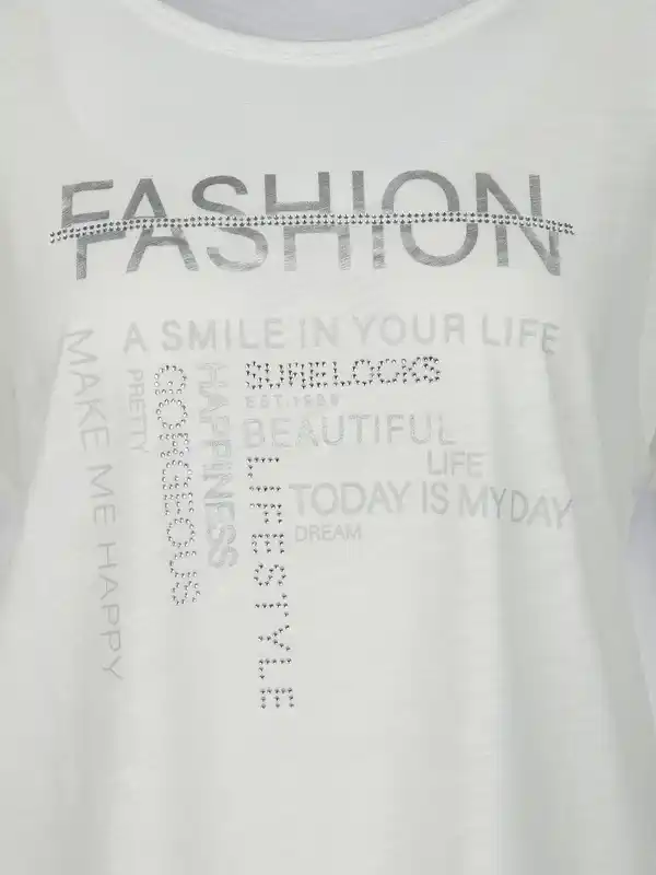 Bild 3 von Damen Shirt mit Glitzerprint und Strassbesatz Weiß