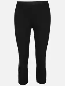 Damen Capri Leggings mit Galonstreifen Schwarz