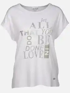 Damen Shirt mit Glitzersteinchen und Print Weiß