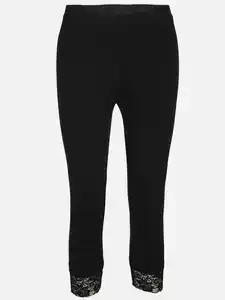 Damen Capri Leggings mit Spitzenbesatz Schwarz