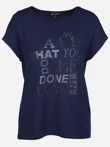 Damen Shirt mit Glitzersteinchen und Print Marine