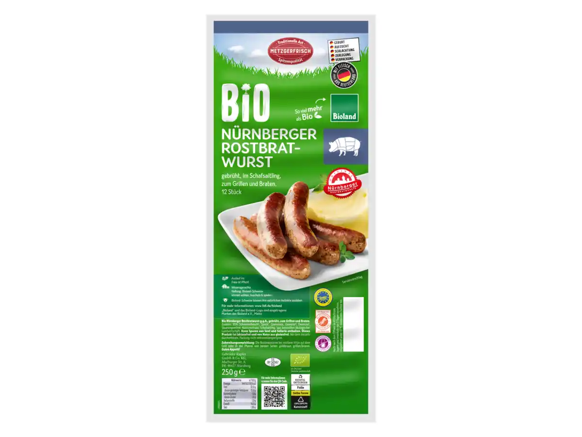 Bild 1 von Bioland Nürnberger Rostbratwurst,  250 g
