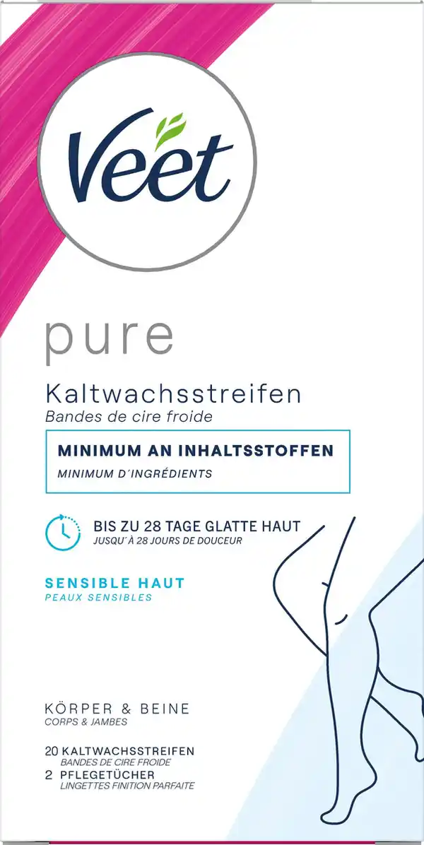 Bild 1 von Veet PURE Kaltwachsstreifen Sensible Haut Körper + Beine, 20 Stk