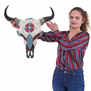 Deko Kuhschädel MCW-D31, Stierkopf Bulle Tierkopf Kuhkopf Trophäe mit Mosaik, Polyresin 51x50x25cm