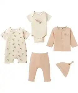 Newborn Mütze + Body + Strampler + Langarmshirt + Hose, naturfarben
