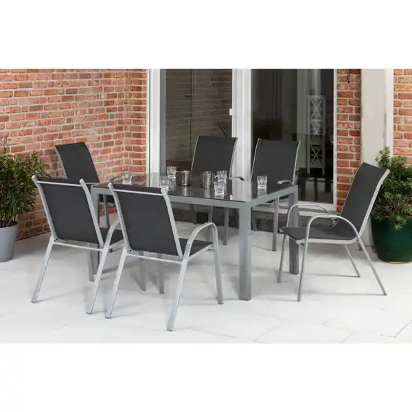 Bild 1 von Gardenson Gartenset, Anthrazit, Silber, Metall, Textil, 7-teilig, Uni, Stühle stapelbar, Tisch mit Glasplatte, Balkonmöbel, Balkonmöbel-Sets