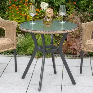 Gardenson Gartentisch Ravenna, Graphit, Natur, Metall, Glas, rund, Gartenmöbel, Gartentische, Gartentische