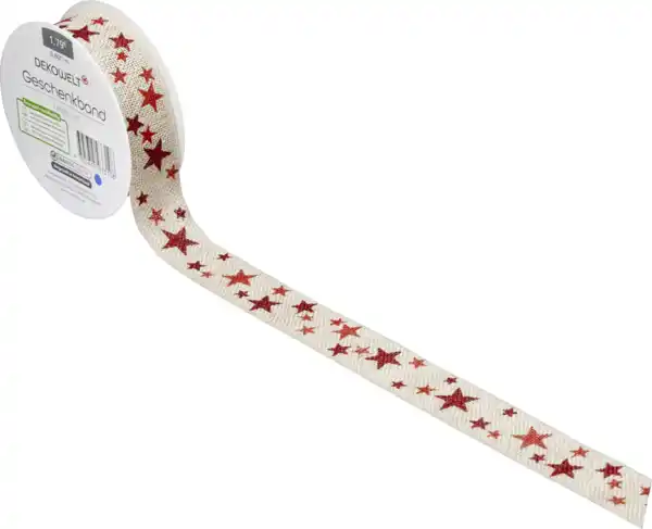 Bild 2 von IDEENWELT Geschenkband Leinen natur mit roten Sternen, 3 m