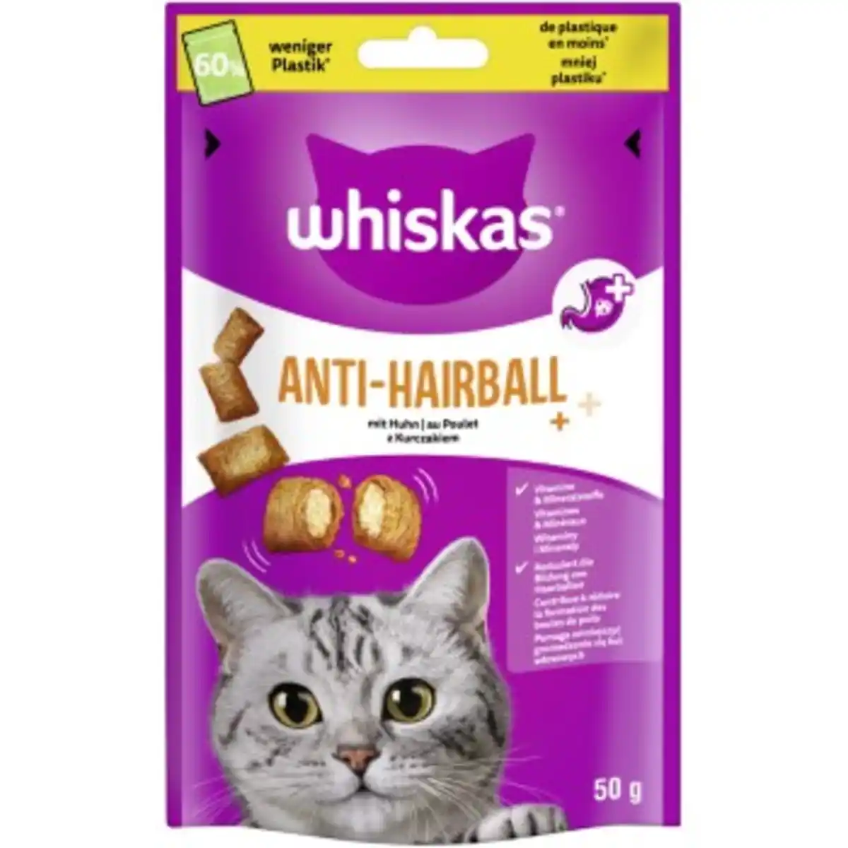Bild 1 von Whiskas Snacks, Anti-Hairball, Huhn 6x50 g