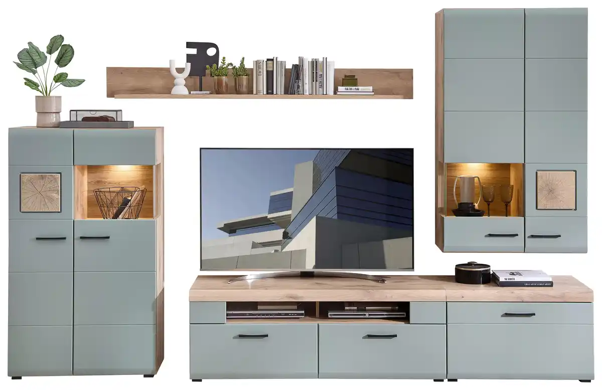 Bild 1 von Wohnwand Fun Plus II Grün/Eichefarben, Grün, Eichefarben