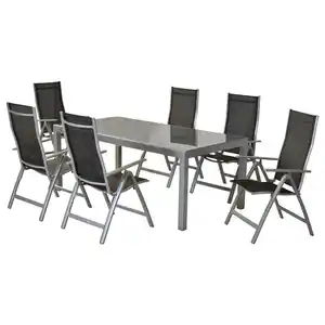 Gardenson Gartenset, Schwarz, Silber, Metall, Textil, 7-teilig, Uni, Stuhl klappbar, Tisch mit Glasplatte, Rückenlehne mehrfach verstellbar, Balkonmöbel, Balkonmöbel-Sets