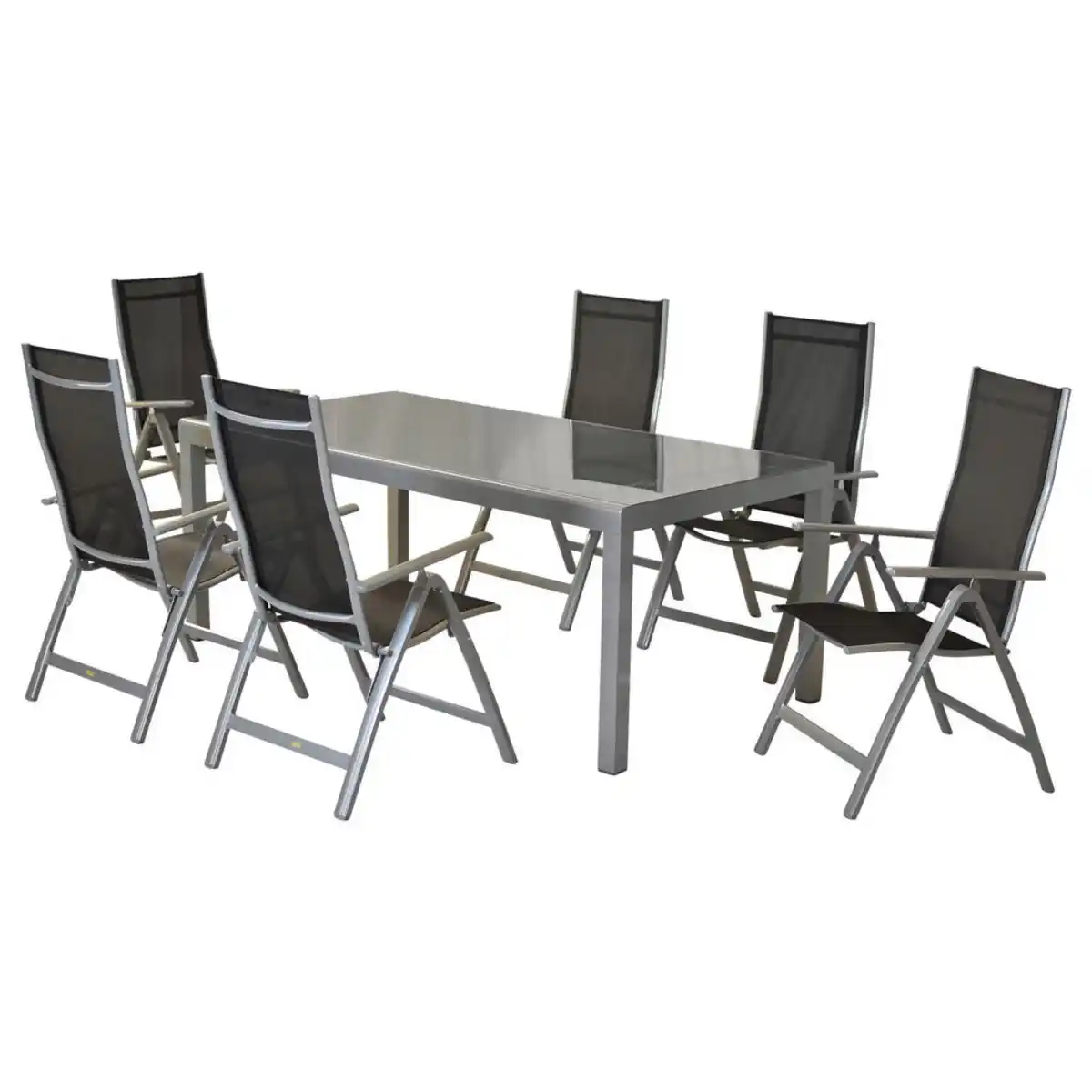 Bild 1 von Gardenson Gartenset, Schwarz, Silber, Metall, Textil, 7-teilig, Uni, Stuhl klappbar, Tisch mit Glasplatte, Rückenlehne mehrfach verstellbar, Balkonmöbel, Balkonmöbel-Sets