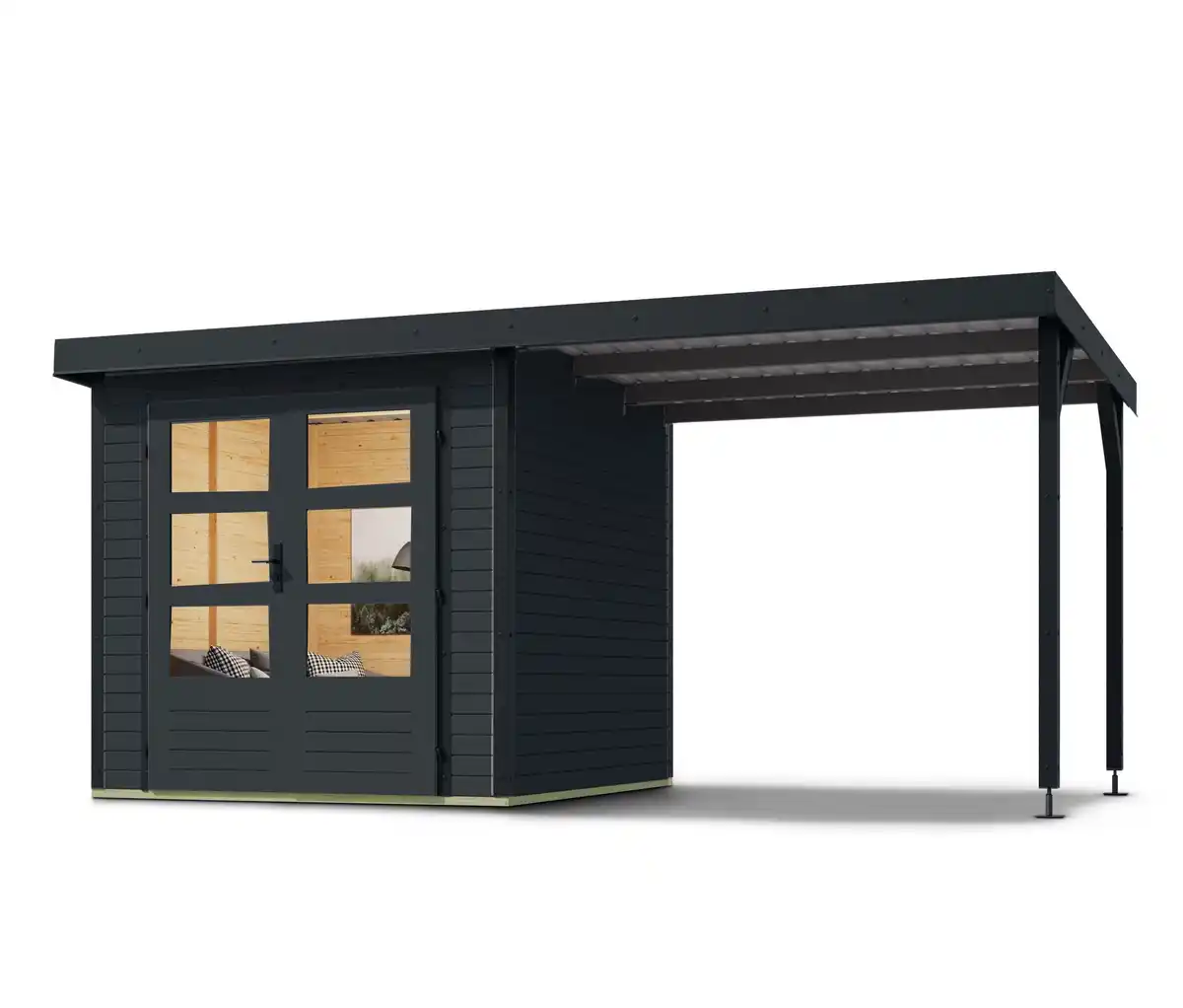 Bild 1 von Karibu Gerätehaus mit Anbaudach, anthrazit, 19mm (Venus A)