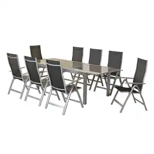 Gardenson Gartenset, Schwarz, Silber, Metall, Textil, 9-teilig, Uni, Tisch ausziehbar, Stuhl klappbar, mit Glasplatte, Rückenlehne mehrfach verstellbar, Balkonmöbel, Balkonmöbel-Sets