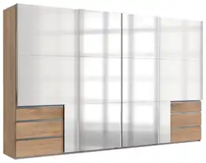 Schwebetürenschrank Level 36D ca. 350 cm Weiß/Eiche Dekor, Eichefarben, Weiß Hochglanz