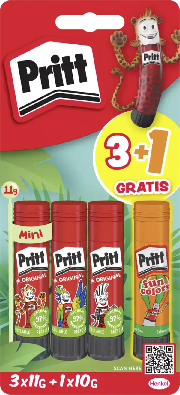 Bild 1 von Pritt Klebestift Multipack 3+1 Gratis Fun Color Neon, 43 g 3x 11 g + 1x 10 g