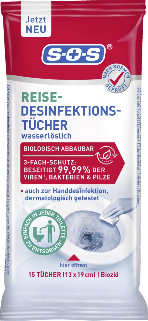 Bild 1 von SOS SOS Reise-Desinfektions-Tücher 15 Stk