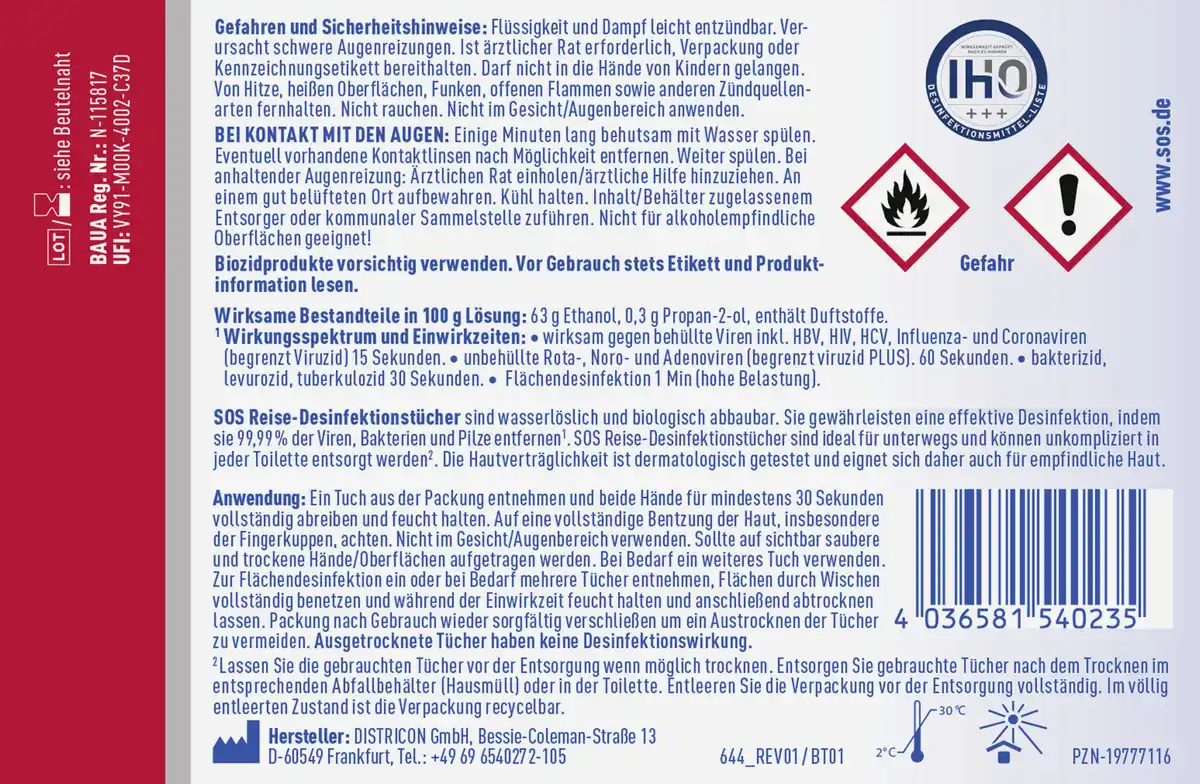 Bild 2 von SOS SOS Reise-Desinfektions-Tücher 15 Stk