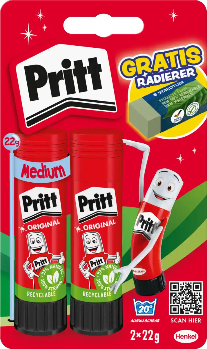 Bild 1 von Pritt Klebestifte Vorteils-Pack + Staedtler Radiergummi, 44 g 2x22g + Staedtler Radiergummi