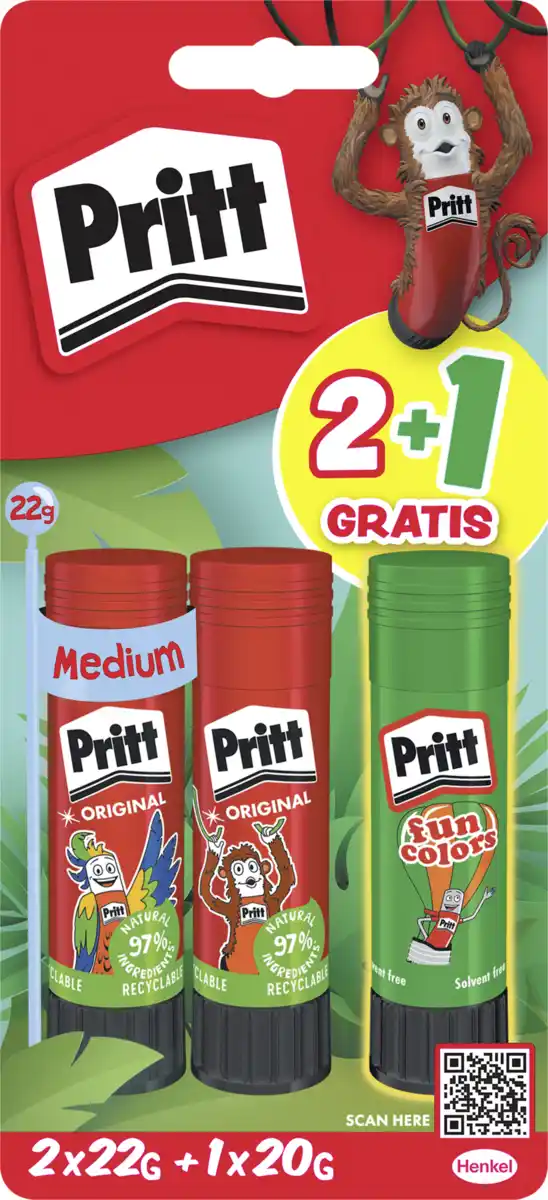 Bild 1 von Pritt Klebestift Multipack 2+1 Gratis Fun Color Grün, 64 g 2x 22 g + 1x 20 g