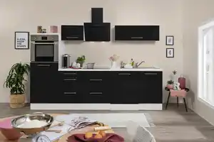 Küchenzeile mit Geräte Schwarz Hochglanz/Weiß B: ca. 280 cm, Schwarz, Weiß