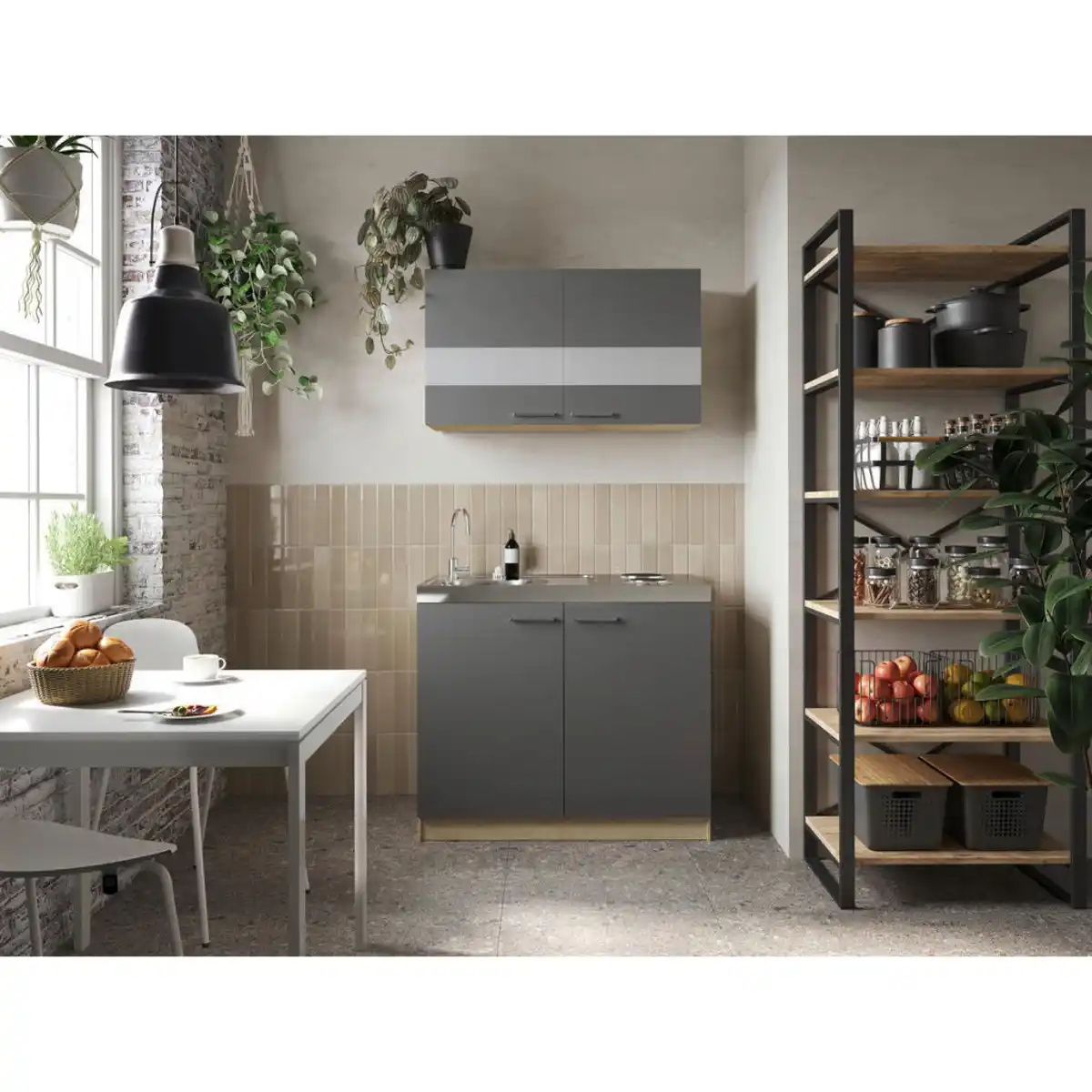 Bild 1 von Respekta Miniküche Merle, Grau, Eiche, Metall, seitenverkehrt montierbar, einzeln stellbar, 100 cm, individuell planbar, Zusatzausstattung erhältlich, Frontauswahl, Küchen, Miniküchen