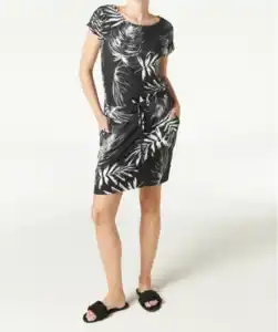 Kleid mit tropischem Muster, schwarz bedruckt