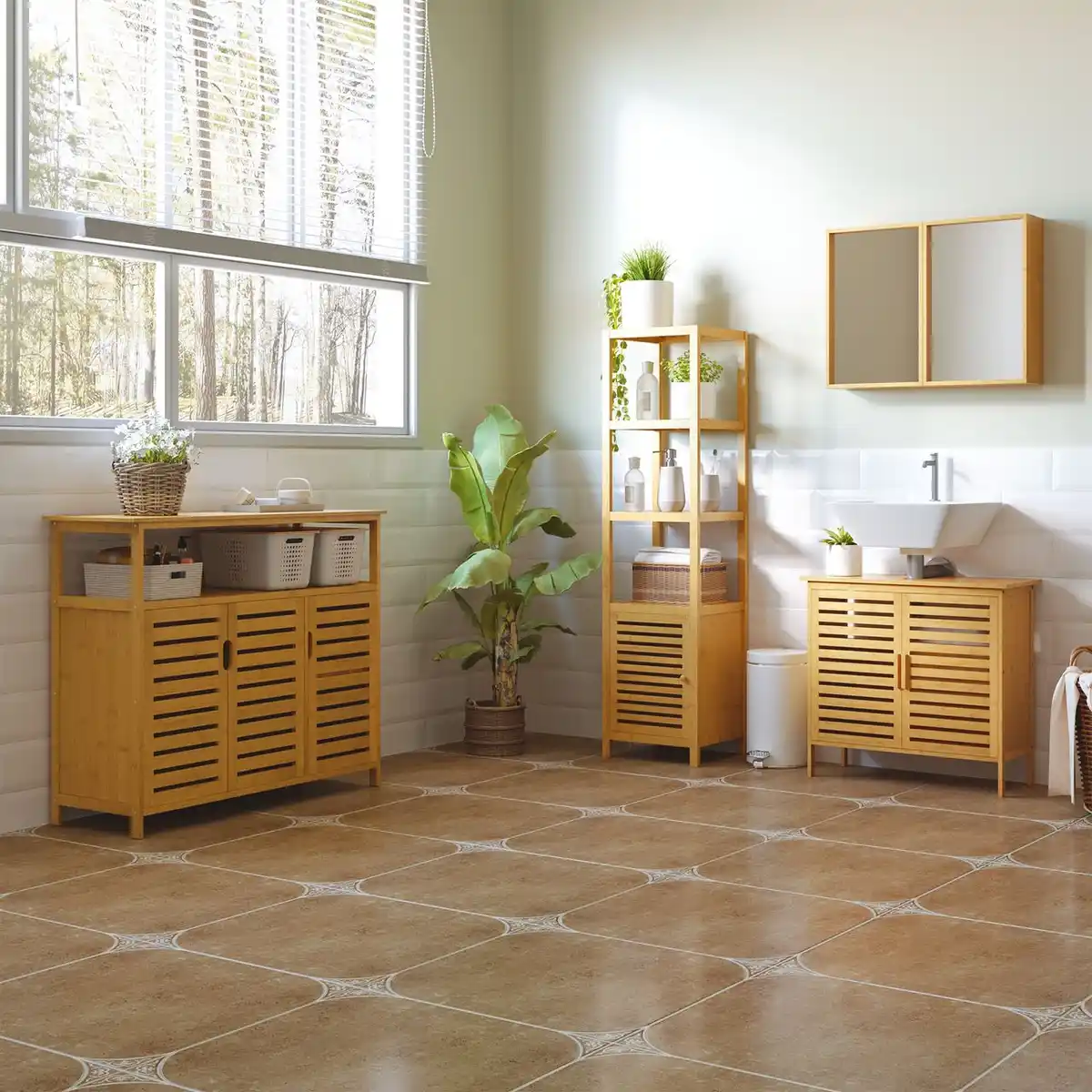 Bild 4 von Badschrank Badezimmerschrank mit 3 offenen Fächern für Badezimmer, Natur