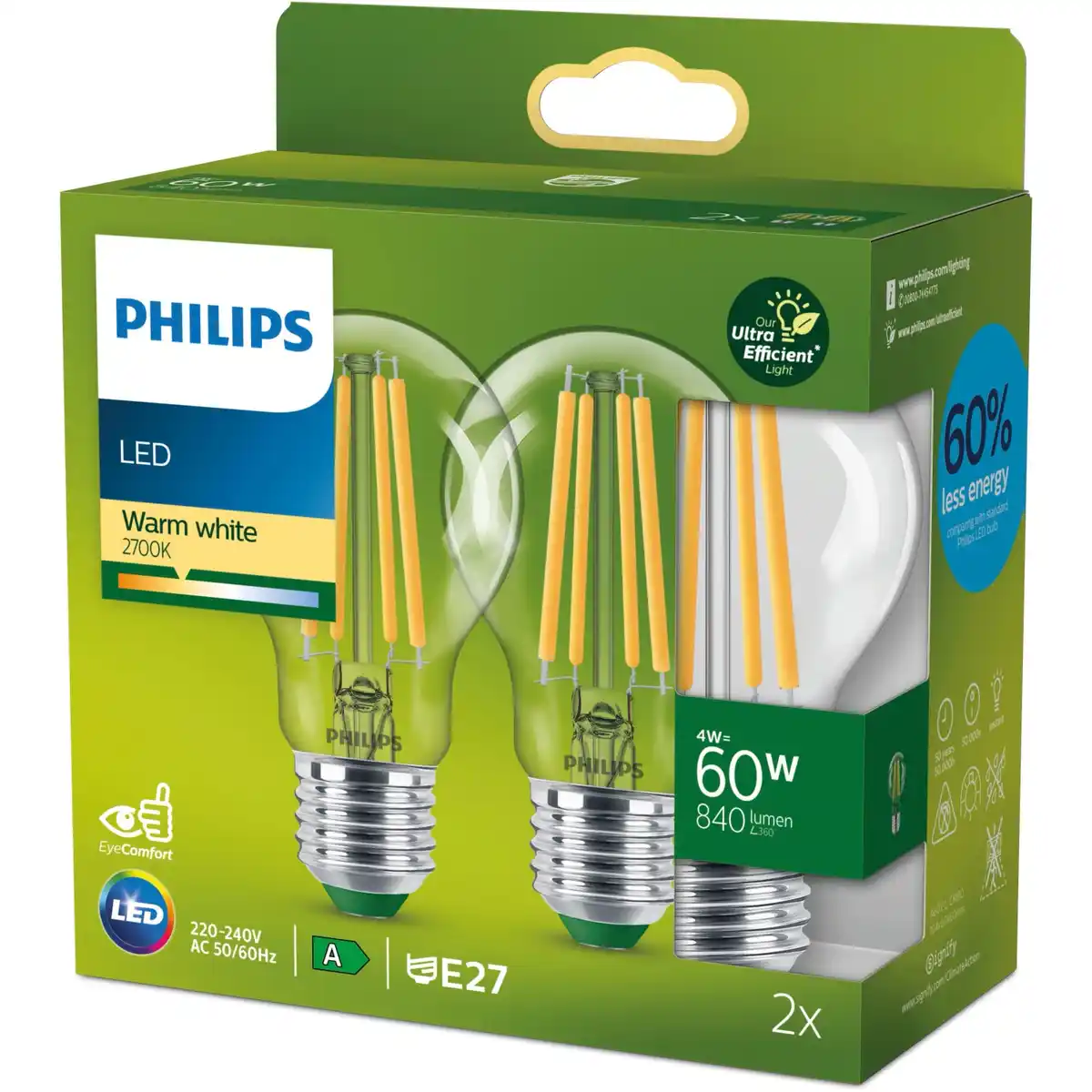 Bild 1 von Philips LED-Leuchtmittel ultraeffizient E27 Glühlampenform 4W 840lm 2er Set