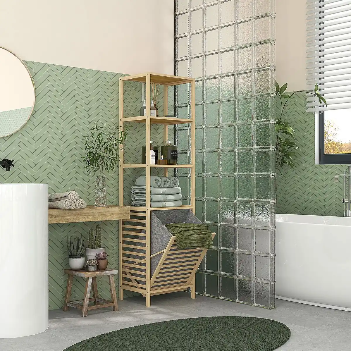 Bild 2 von Badregal mit Wäschekorb, Badezimmerregal mit 3 Ebenen Kippschutz Bambus