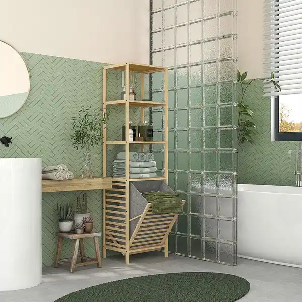 Bild 2 von Badregal mit Wäschekorb, Badezimmerregal mit 3 Ebenen Kippschutz Bambus