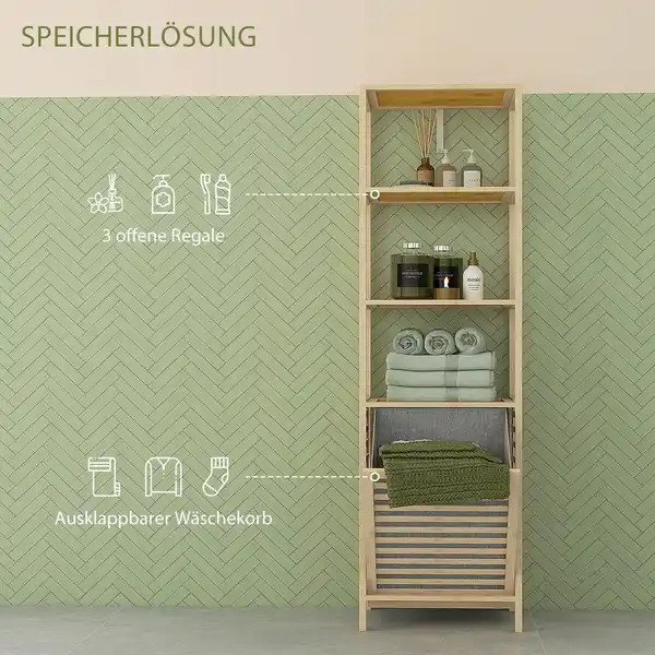 Bild 4 von Badregal mit Wäschekorb, Badezimmerregal mit 3 Ebenen Kippschutz Bambus