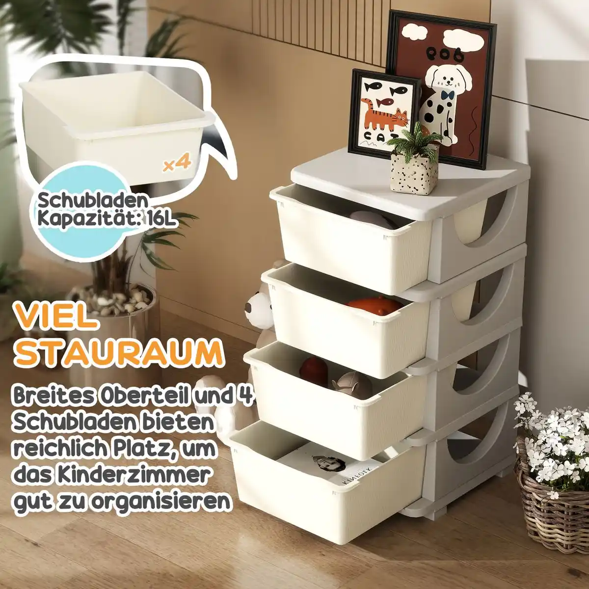 Bild 3 von HOMCOM Schubladenschrank für Kinder mit Stauraum Aufbewahrungsboxen vier Ebene
