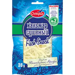 Snack aus Riesenkalmar-Streifen, getrocknet und gesalzen.