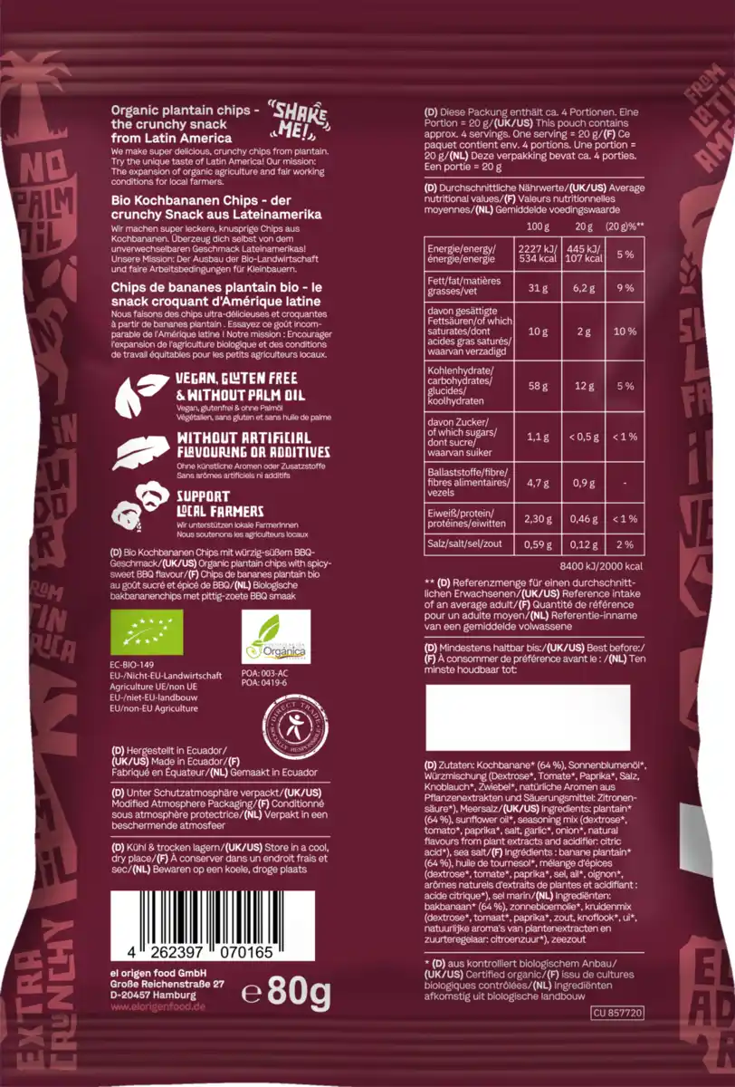 Bild 2 von el origen Bio Kochbananen Chips BBQ, 80 g