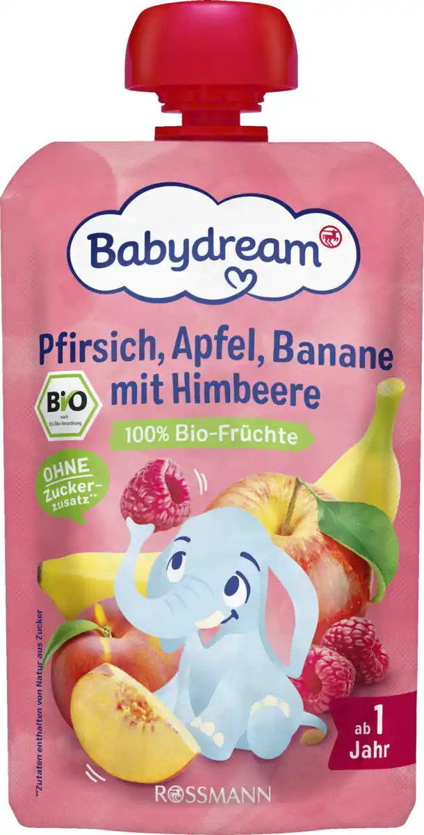 Bild 1 von Babydream Bio Früchtepüree Pfirsich, Apfel, Banane mit Himbeere, 100 g