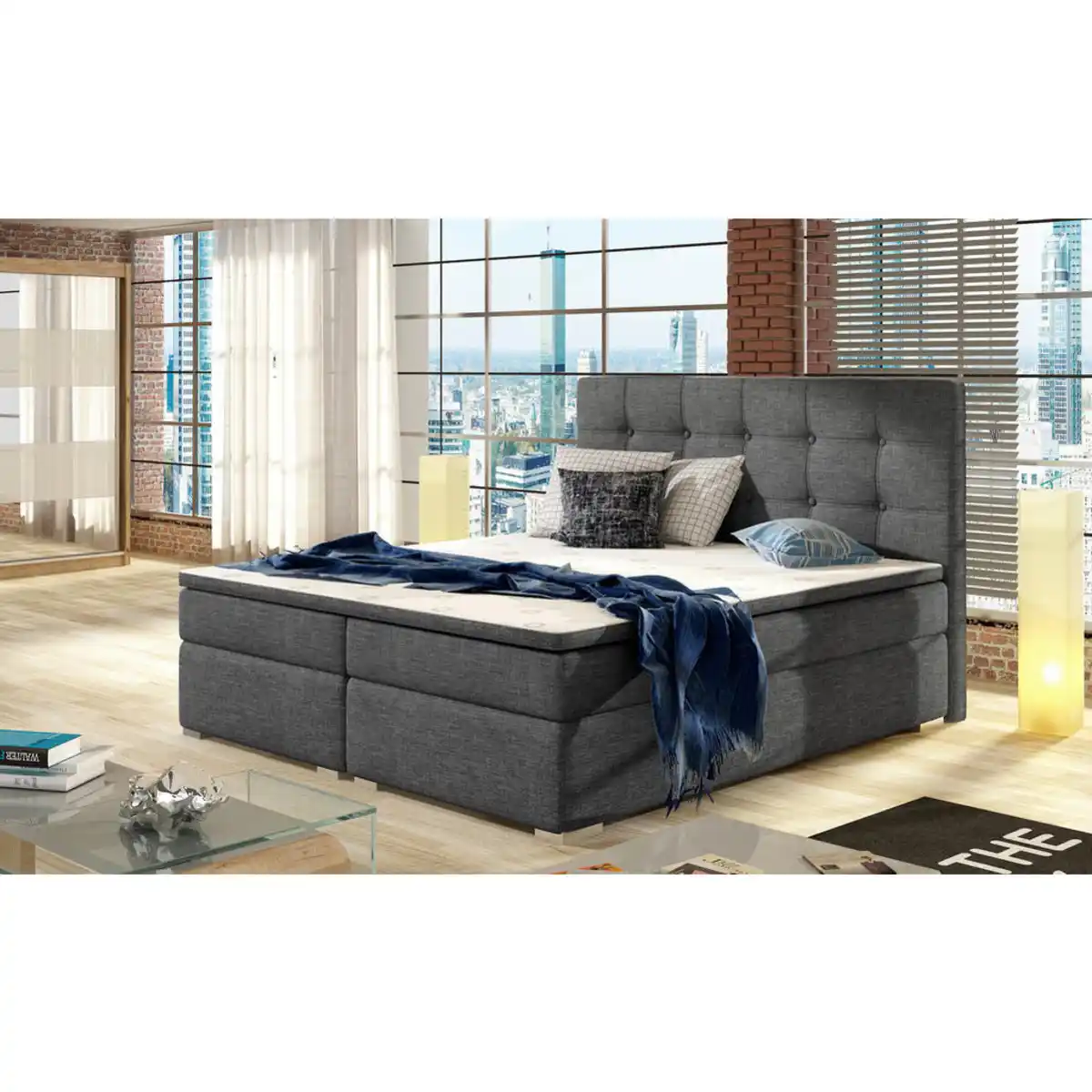 Bild 1 von Mid.you Boxbett, Grau, Textil, H3, Höhe ca. 20 cm, 160x200 cm, gepolstertes Kopfteil, Topper durchgehend, Schlafzimmer, Betten, Doppelbetten