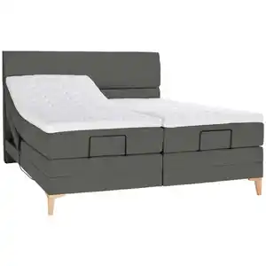 Voleo Boxspringbett, Grau, Textil, Eiche, massiv, H2 + H3, 7-Zonen, Höhe ca. 19 cm, 180x200 cm, Über- und Sondergrößen erhältlich, gepolstertes Kopfteil, Stoffauswahl, Topper geteilt, in verschi