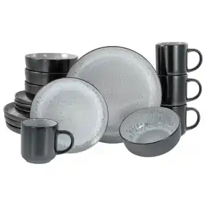 Creatable Kombiservice Nordic Fjord Frost, Schwarz, Hellgrau, Keramik, 16-teilig, 300 ml,450 ml, 31x38x38 cm, lebensmittelecht, stapelbar, Essen & Trinken, Geschirr, Geschirr-Sets, Kombiservice