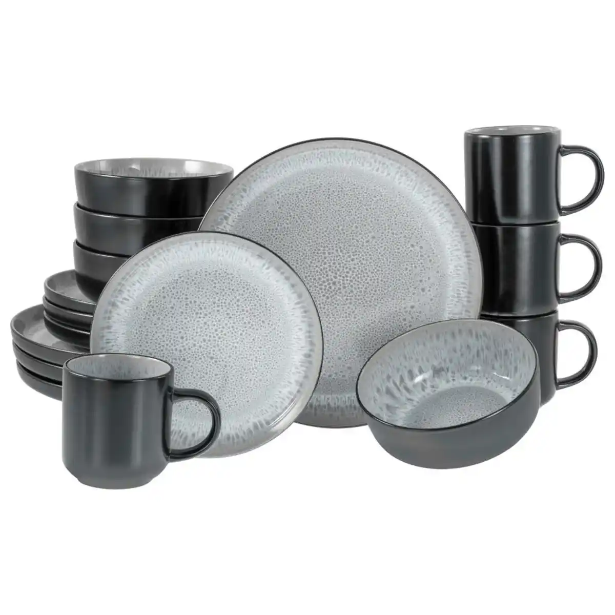 Bild 1 von Creatable Kombiservice Nordic Fjord Frost, Schwarz, Hellgrau, Keramik, 16-teilig, 300 ml,450 ml, 31x38x38 cm, lebensmittelecht, stapelbar, Essen & Trinken, Geschirr, Geschirr-Sets, Kombiservice
