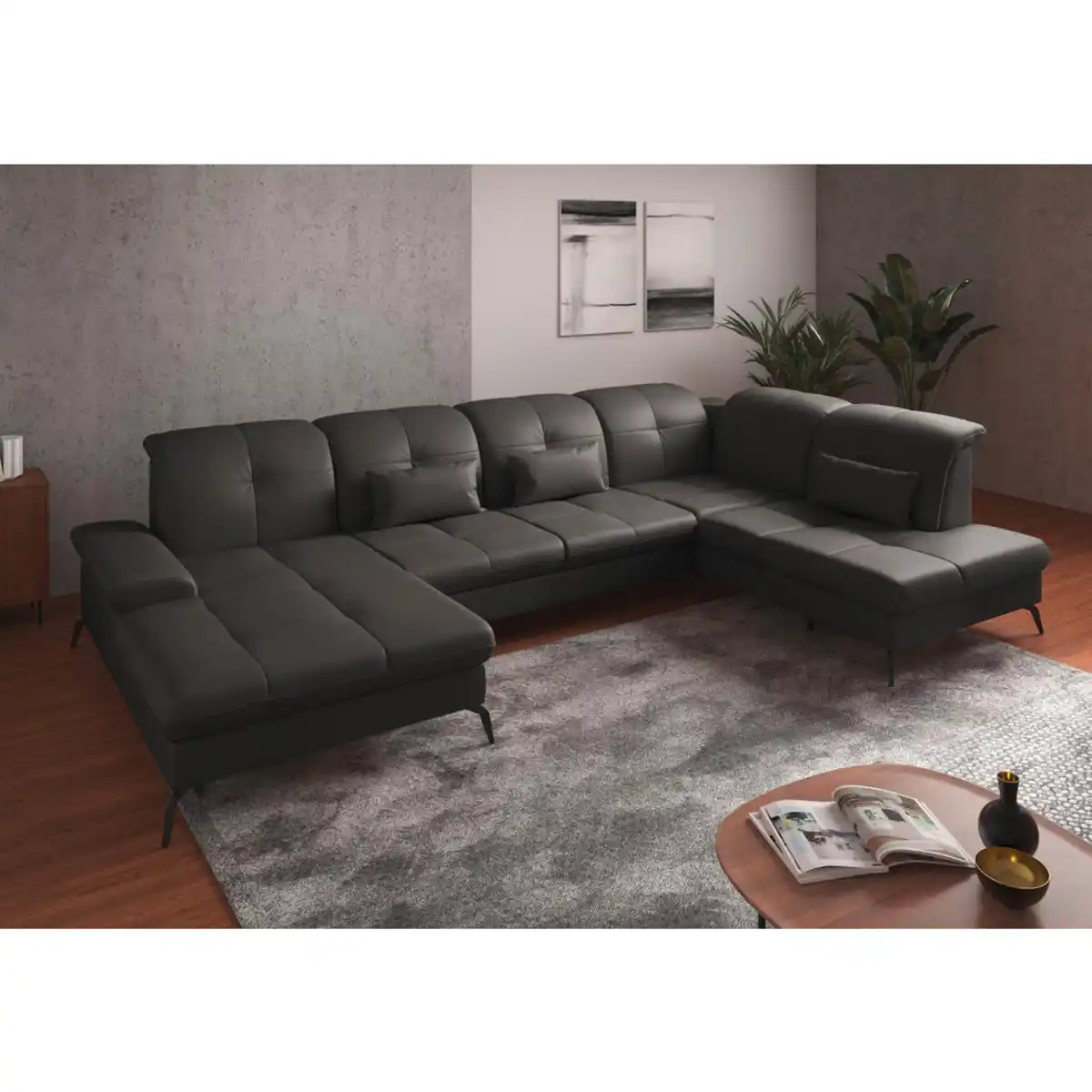 Bild 1 von Sit & More Wohnlandschaft, Anthrazit, Leder, Echtleder, Nappaleder, 6,5-Sitzer, Ottomane rechts, U-Form, 357x231 cm, Goldenes M, Made in Europe, DGM-Klimapakt, Schlafen auf Sitzhöhe, Rücken echt, A