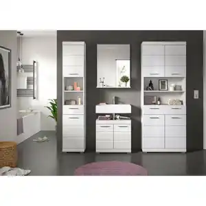 Mid.you Badezimmer, Weiß Hochglanz, Kunststoff, 5-teilig, 7 Fächer, 2 Schubladen, 171 cm, FSC Mix, stehend, Spiegel mit Ablage, Badezimmer, Badmöbelsets & Badmöbelserien, Badmöbel-Sets