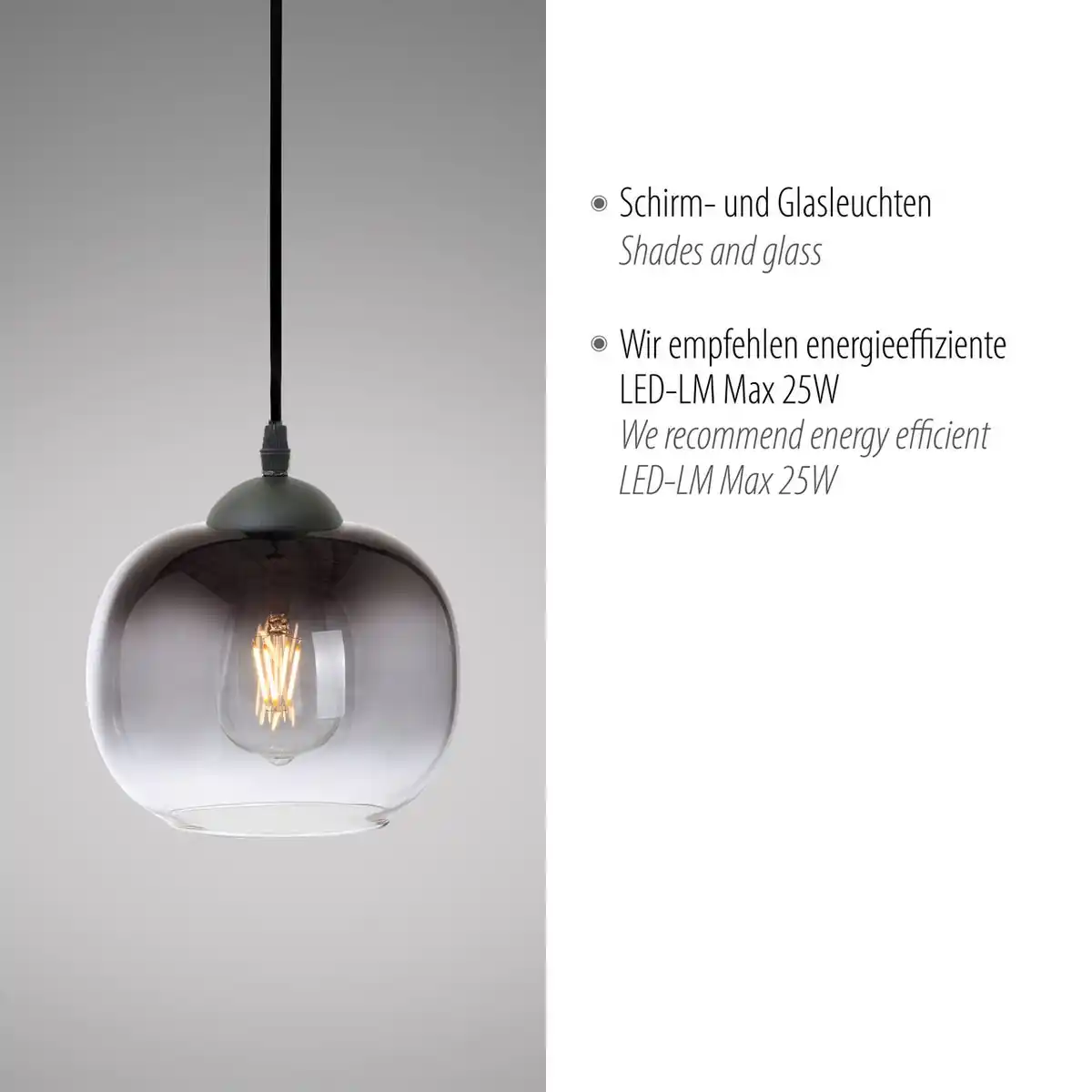 Bild 4 von Pendelleuchte ZEA, 1x E27/25 Watt max., Glas in Rauchfarben, Schwarz