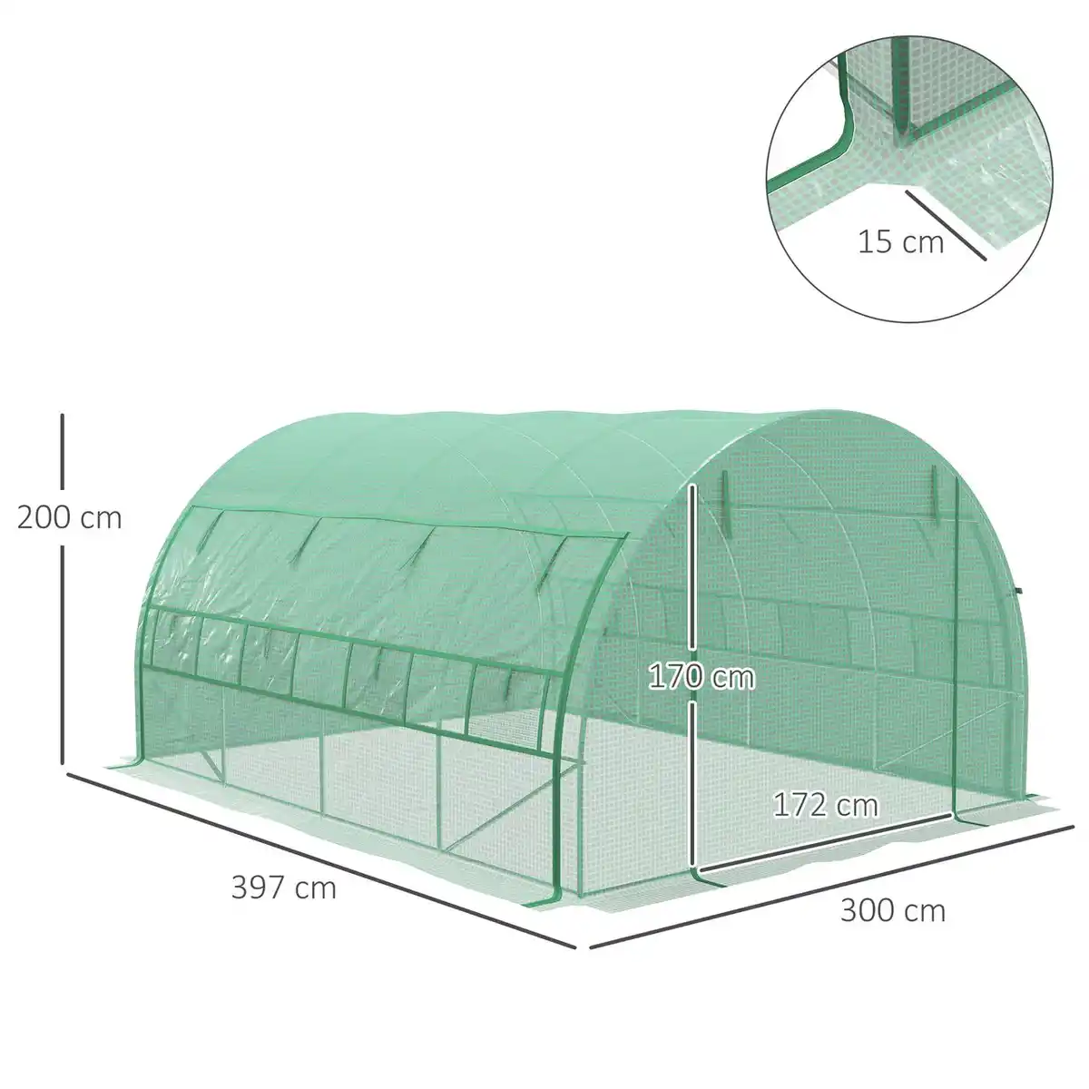 Bild 3 von Outsunny Foliengewächshaus Polytunnel 3,97 x 3 x 2 m Abdeckungen aufrollbar Grün