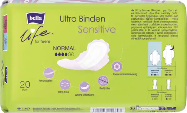 Bild 2 von bella life for Teens Ultra Binden Sensitive Normal mit Flügeln