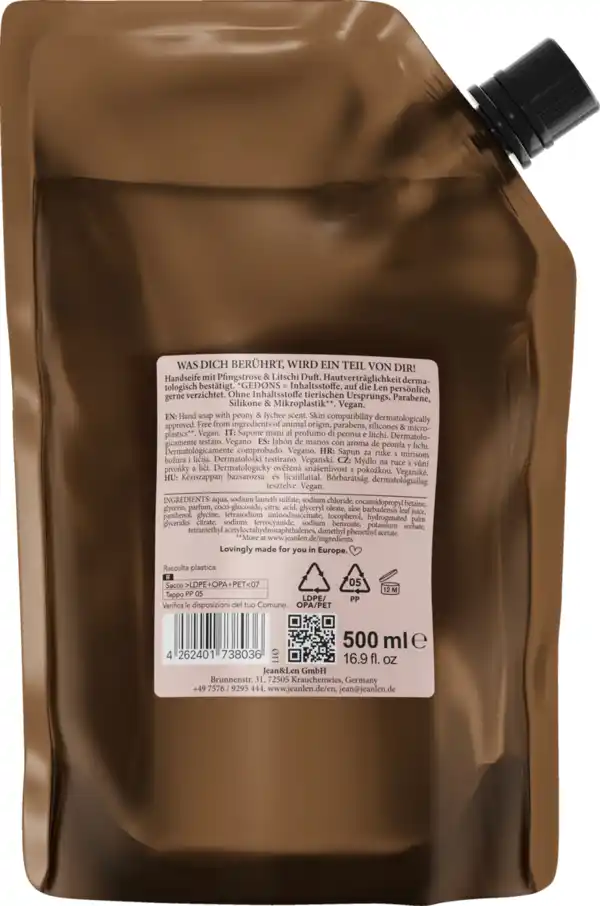 Bild 2 von Jean&Len Handseife Pfingstrose & Litschi Nachfüllbeutel, 500 ml