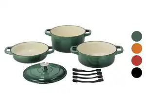 SILVERCREST® Gusseisentopf-Set, Pfanne: ca. Ø 23 x H 5,7 cm; großer Topf: ca. Ø 23 x H 11,8 cm; kleiner Topf: ca. Ø 23 x H 8,2 cm