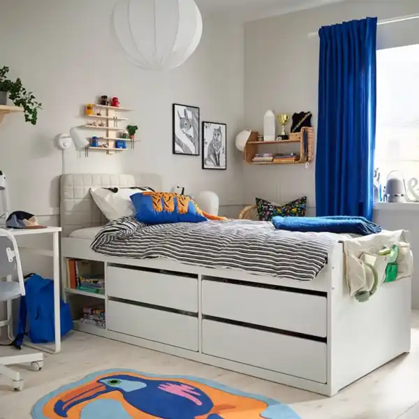 Bild 2 von SLÄKT Bettgestell mit Aufbewahrung, mit Kopfteil/Vissle beige, 90x200 cm