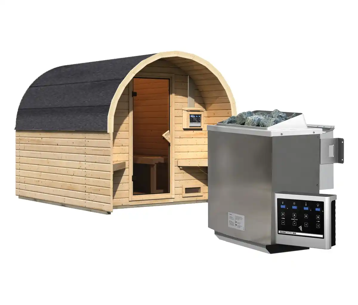 Bild 1 von Karibu Fasshaus »Orkla«, naturfarben, inkl. 9 kW-Bio-Ofen mit externer Steuerung