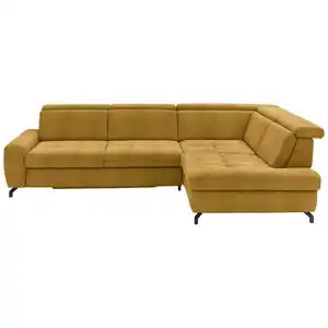 Beldomo Style Ecksofa, Currygelb, Textil, 3-Sitzer, Ottomane rechts, L-Form, 310x220 cm, Fußauswahl, Lederauswahl, Stoffauswahl, planbar, seitenverkehrt erhältlich, Bettfunktion Hocker Rücken echt